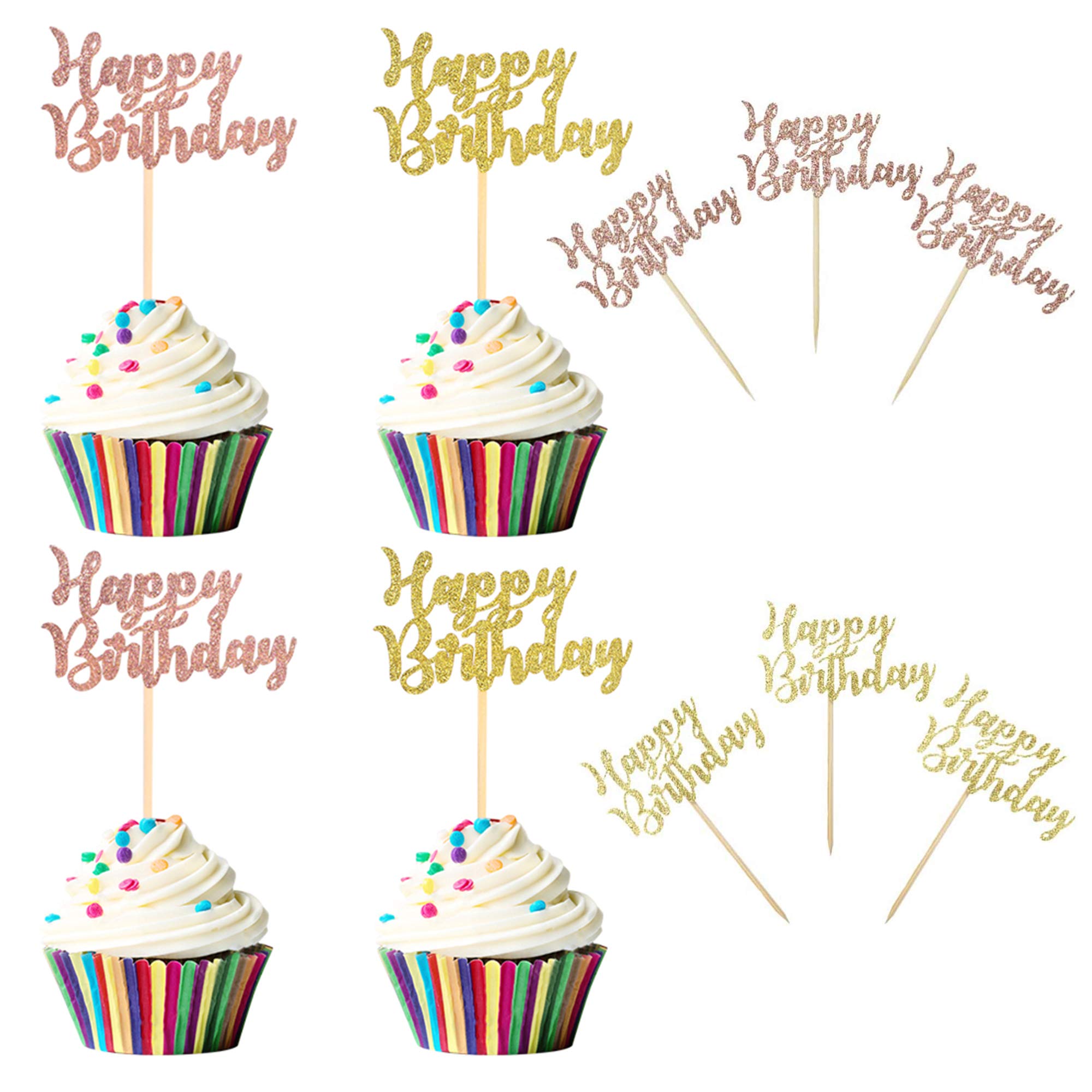 Blumomon 48Pcs Glitter Happy Birthday Cupcake Toppers Birthday Cake Decorations Happy Birthday Cupcake Picks Baby Shower Anniversary Party Supplies