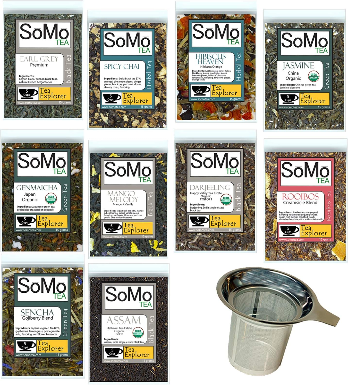 SoMo Tea | Premium Loose Leaf Tea Sampler Set | 10 Flavor Hot or Iced Tea with Fine Mesh Tea Infuser – Black, Chai, Herbal, Hibiscus, & Green Tea Variety Pack & Strainer Gift Box Set