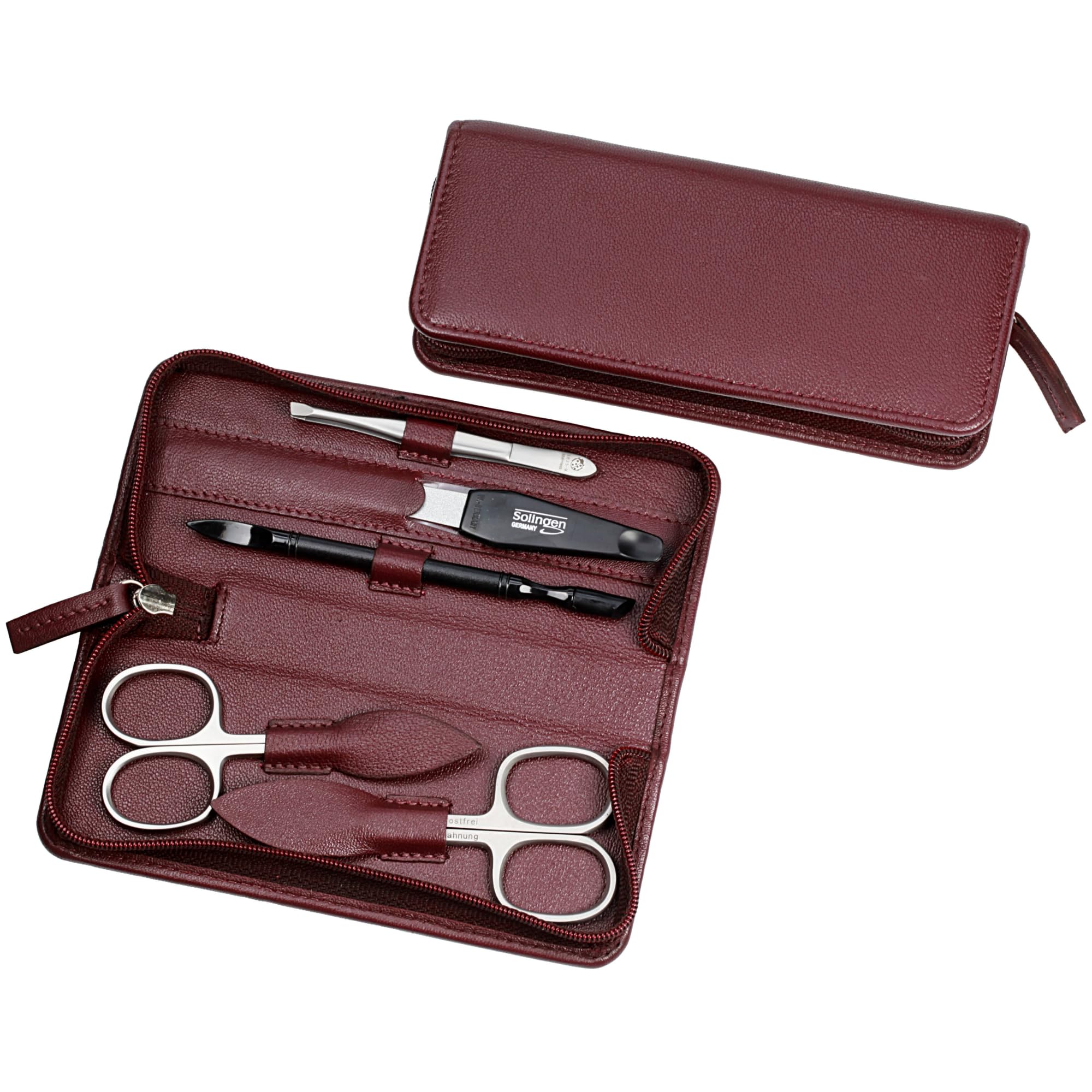 Sonnenschein by Hans Kniebes Manicure Set, 5 Pieces, Nail Scissors, Cuticle Scissors, Nail File, Tweezers, Manicure Hoof Stick, Rustproof Stainless Steel, Nail Care Set, Nappa Lambskin Manicure Case,