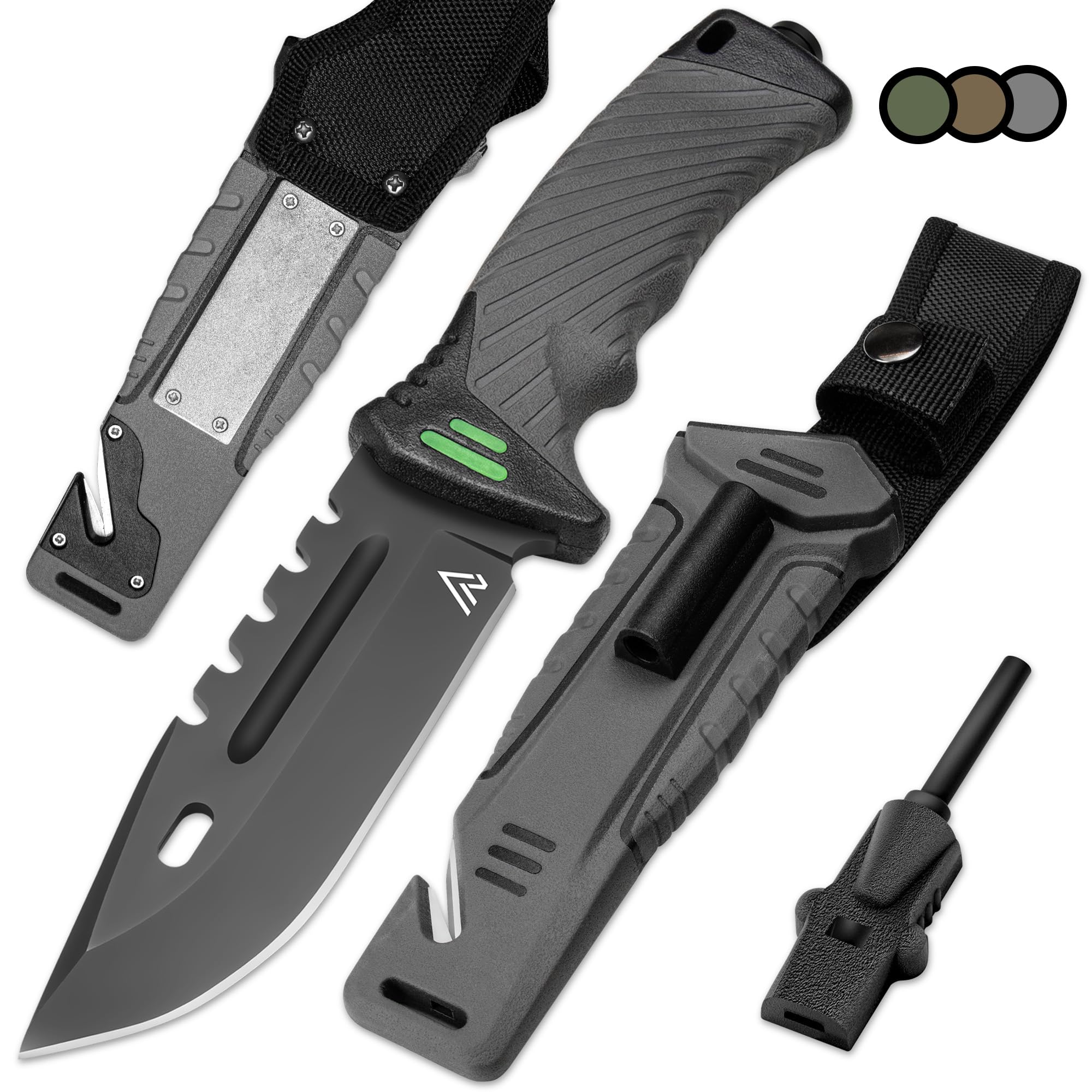 naifu® - The Hunter X Outdoor Messer Jagdmesser 12 CM - mit Kydex Holster - Bushcraft Messer - Perfektes - Feuerstarter und Schleifstein enthalten