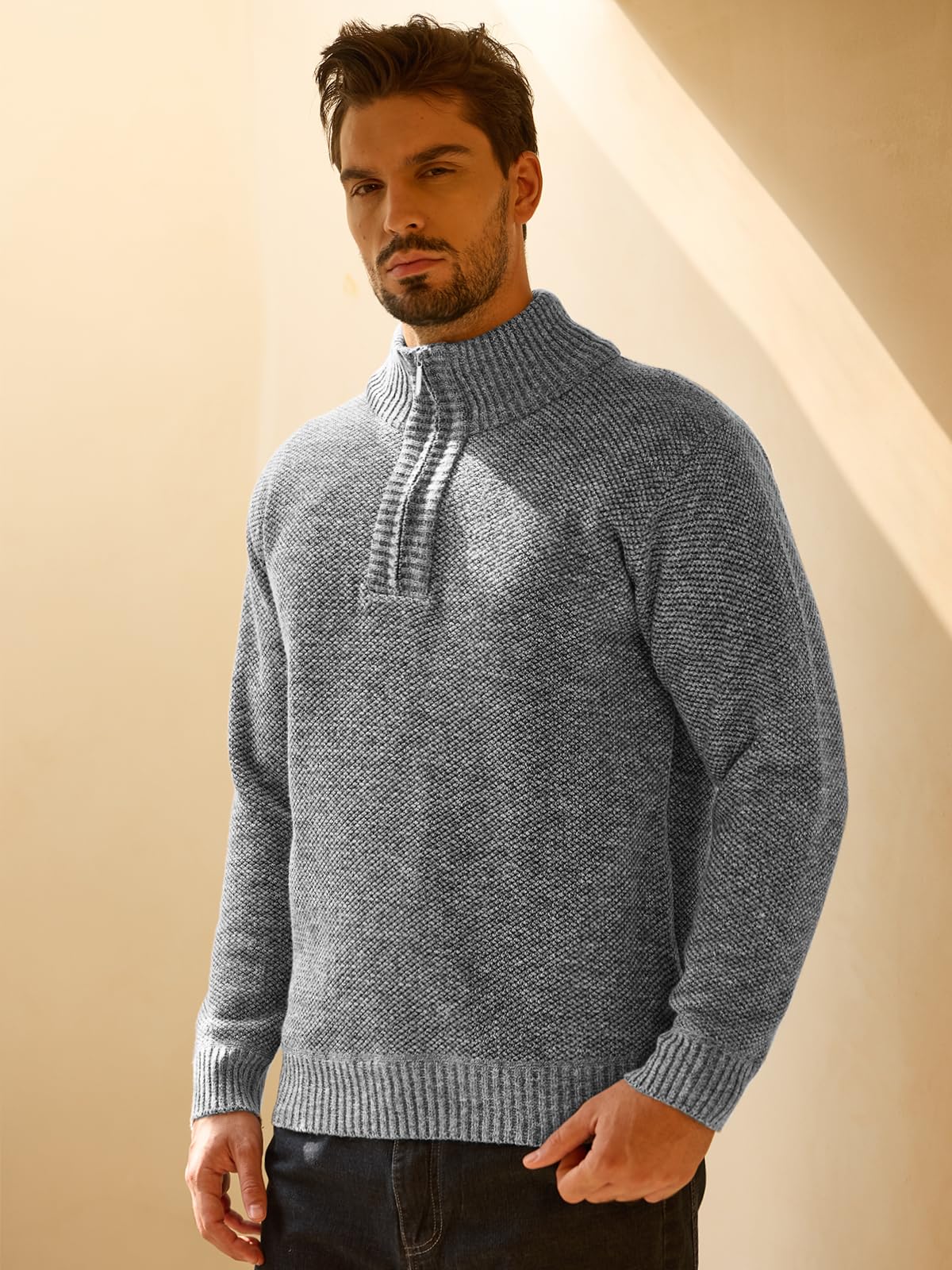 Les umes Herren Viertelreißverschluss Strickpullover Fleecegefütterter Strick Stehkragen Pullover Warm Lichtgrau XL 3