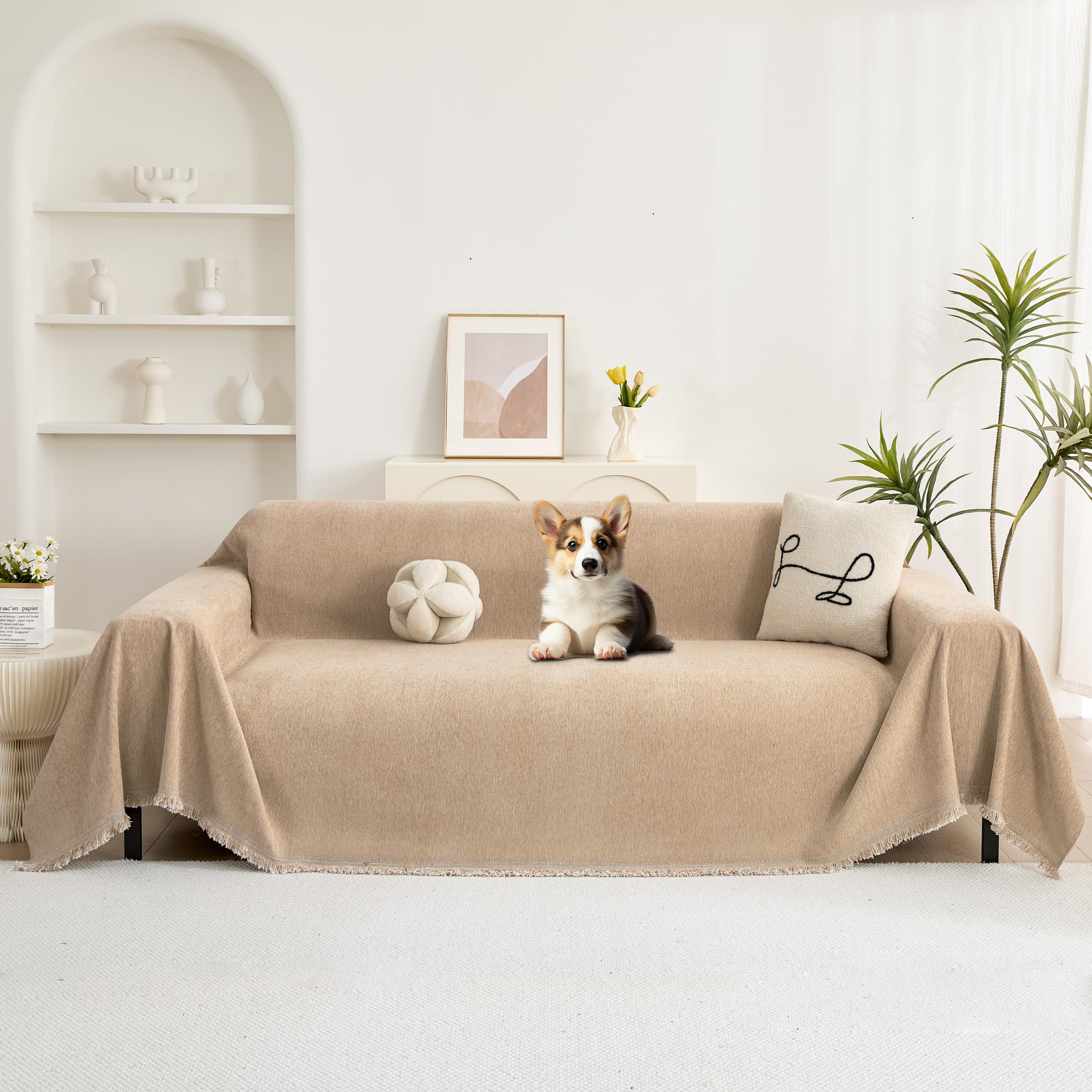 Photo 1 of MEoWwink Couch Cover for 3 Cushion Couch Chenille Sofa Cover Sectional Couch Covers, Couch Cover for Dogs Washable, Soft Non-Slip Sofa Slipcover Sofa Protector Futon Cover, 71''x134'', Khaki