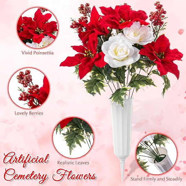 GIEGXIN 3 PCS CHRISTMAS HEADSTONE FLOWER SADDLE CEMETERY FLOWERS FOR GRAVE RED GOLD POINSETTIA BERRY ROSES ARTIFICIAL MEMORIAL BOUQUETS WITH VASE OUTDOOR GRAVEYARD DECORATION FOR TOMBSTONE HEADSTONE