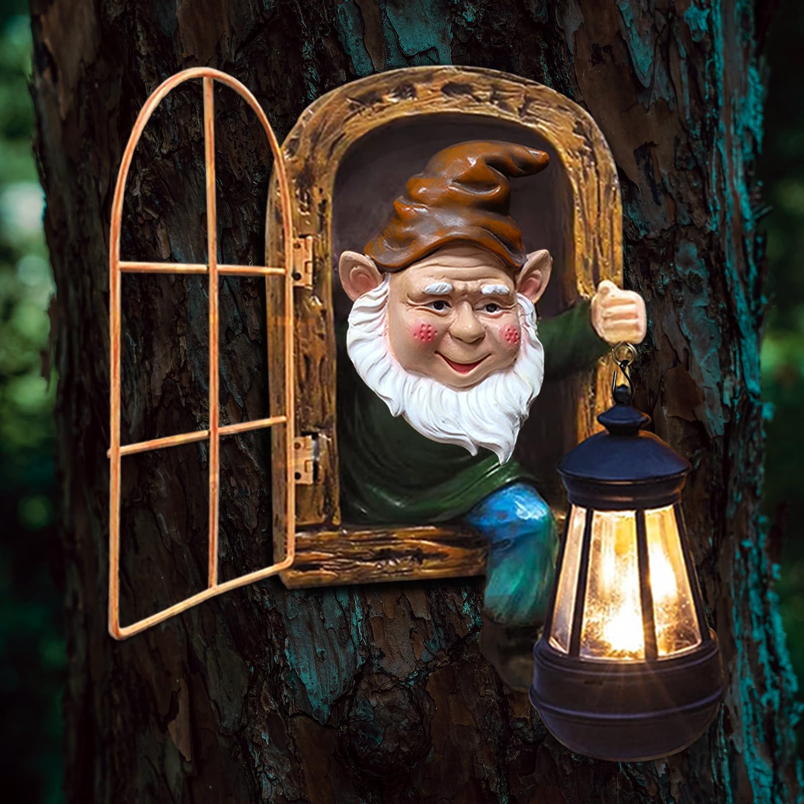Fairy Garden Statues Gnomes Solar Lantern - Whimsical Elf Out The Door Tree Hugger Figurines Fence Wall Yard Art Home Decor Outdoor Tree Face Sculpture, Ideal Halloween Decorations