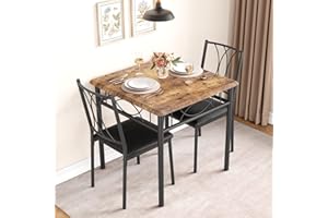 IDEALHOUSE 3 Piece Kitchen Table Set, Dining Table and Chairs for 2, Metal and Wood Square Dining Room Table Set with 2 Upholstered Chairs, Dining Table Set for Small Spaces, Apartment, Rustic Brown