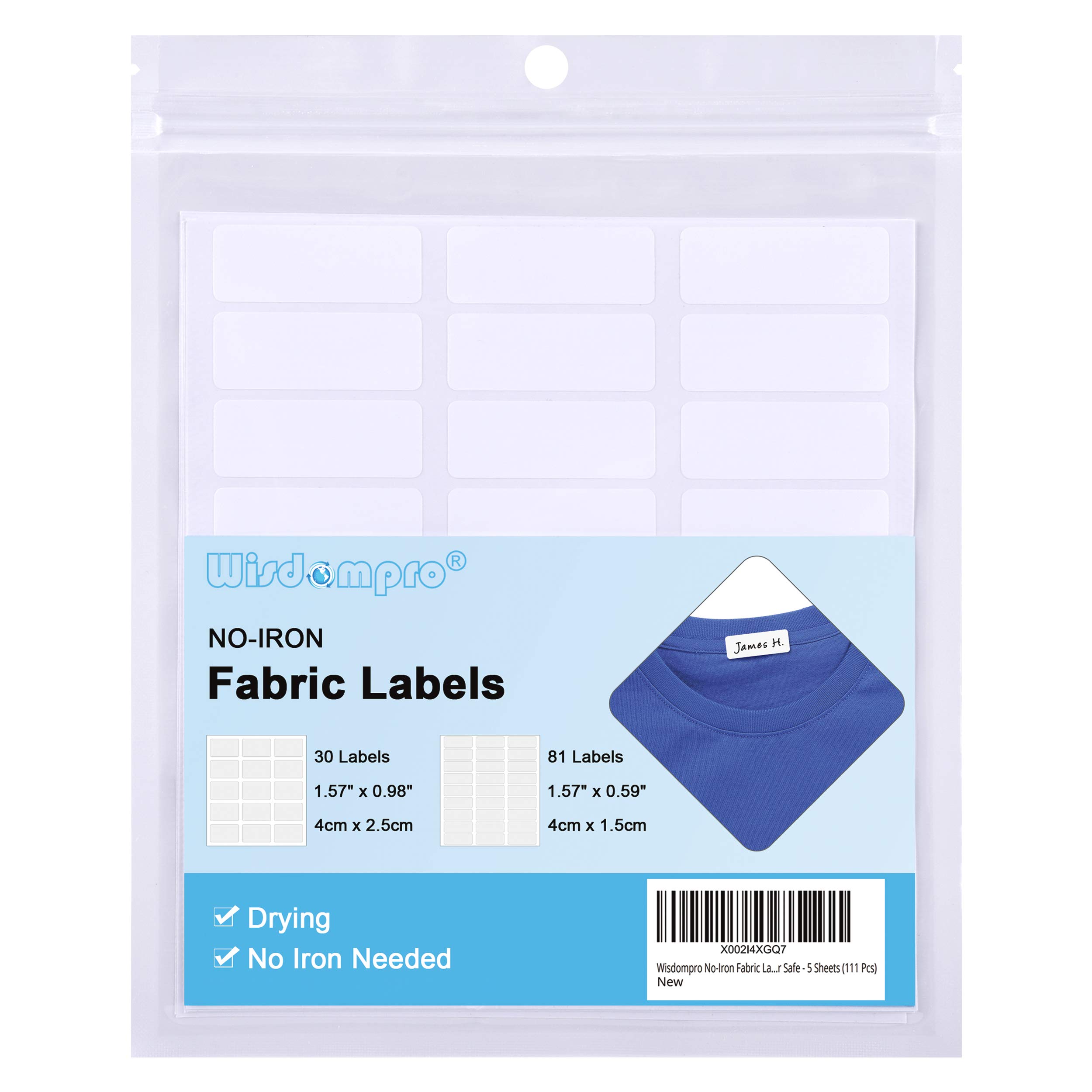 Wisdompro 111 Pcs No Iron Fabric Labels for Clothes, Writable Stick on Name Labels Stickers for Clothes, Self Adhesive Clothing Name Tags for School, Day Care, Nursery, Care Homes - Blank White