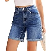 Vetinee Jean Shorts Womens High Waisted Fold Hem Stretchy Long Denim Shorts Mid Thigh Summer Casual Jorts 7 Inch Inseam