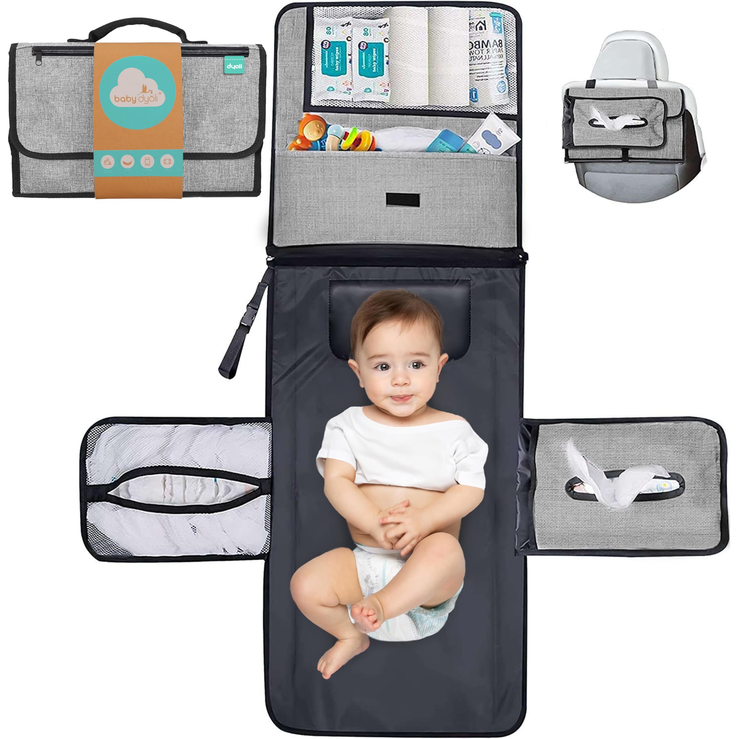 XL Portable Baby Changing Mat The Nappy Changing Pad is a Detachable Bag with 6 Pockets as a Baby Items Toiletry Bag Waterproof Foldable Changing Mat Gift for Newborn (Pack Normal (Grey))