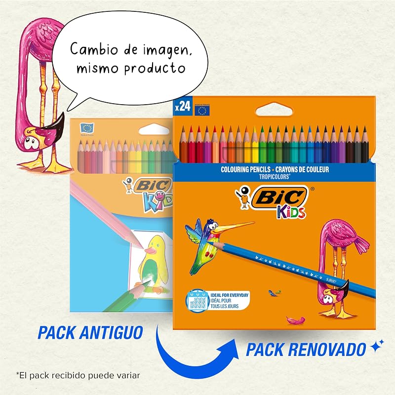Lápis de cor bic kids para crianças, ideal para material escolar, tropicolors, cores sortidas, 2,9 mm, embalagem blister de 24