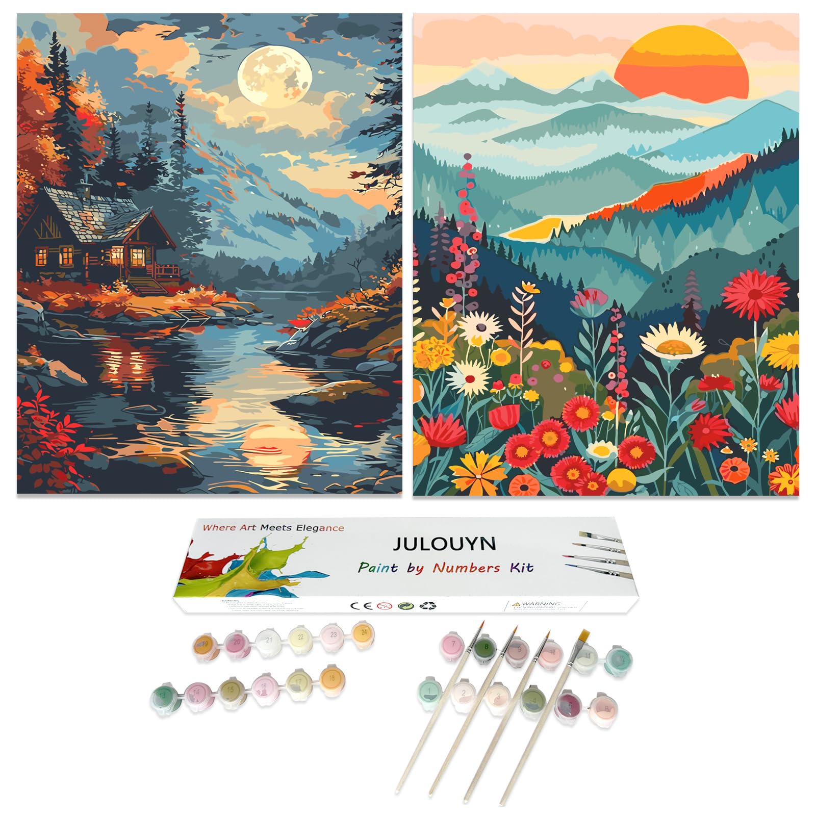 Photo 1 of JULOUYN 2 Pack Paint by Numbers Kit for Adults Beginner, Mountains Lake Sunset Landscape DIY Canvas Art Kit with Brushes & Acrylic Paints for Home Decor 16x20 in