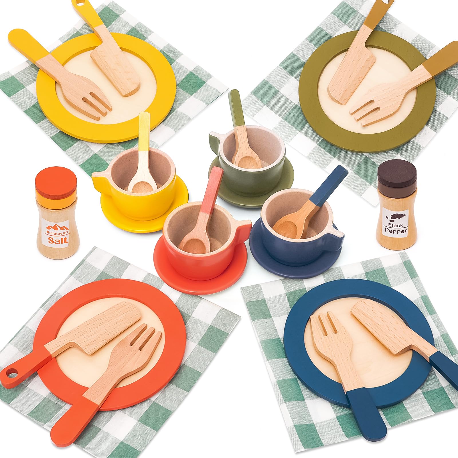 FUNCREVITY Children's Kitchen Accessories Wooden Tableware Set Children, Play Kitchen Accessories with Tablecloths Doll Tableware Children's Kitchen Tea Service Children Wooden Kitchen Accessories