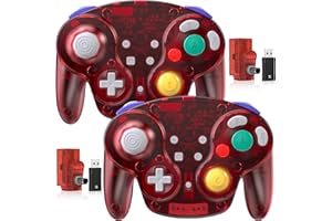 SAFFUN 2 Pack 2.4 GHz Wireless GameCube Switch2 Pro Controller, for NGC GameCube Console, Switch/Switch OLED/ Switch2, PC, Steam Deck, PC (Built-in Rumble) (Rechargeable) (Plug and Play) Clear Red