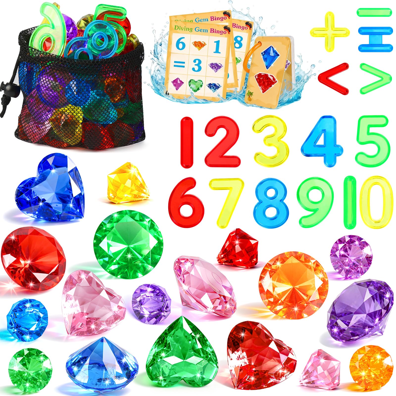 Meaicezli Pool Toys Diving Gems, 54 Pcs Search and Find Pool Games, Diving Toys with Dive Gems, Acrylic Numbers, Scavenger Hunt Game Cards & Mesh Bag, Fun Summer Water Party Favors for Kids 4-12