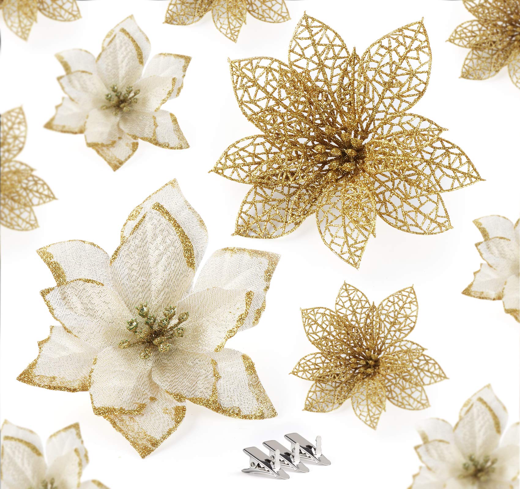 ABSOFINE Glitter Christmas Poinsettia Flower Ornaments 24Pcs Gold Artificial Flower Tree Decorations for Christmas Tree Wendy Wreaths Decor