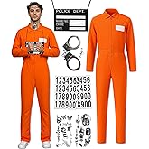 Luzcexs Prisoner Costume Men Orange Prisoner Jumpsuit Adult Jail Costume Halloween Cosplay Inmate Costume Set