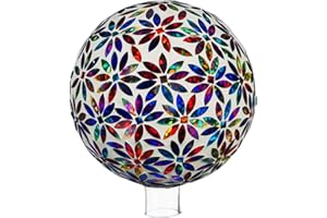 Evergreen Garden Beautiful Multi Colored Flowers Mosaic Glass Gazing Ball - 10 x 10 x 12 Inches Fade and Weather Resistant Outdoor Decoration for Homes, Yards and Gardens