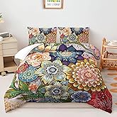 Nttopship 3 Piece Boho Floral Bedding Set,Colorful Flowers Comforter Set,Bohemian Reversible Down Alternative Bed Sets,90"x90" Soft Microfiber Flower Duvet Vintage Bedding in a Bag for Women Men
