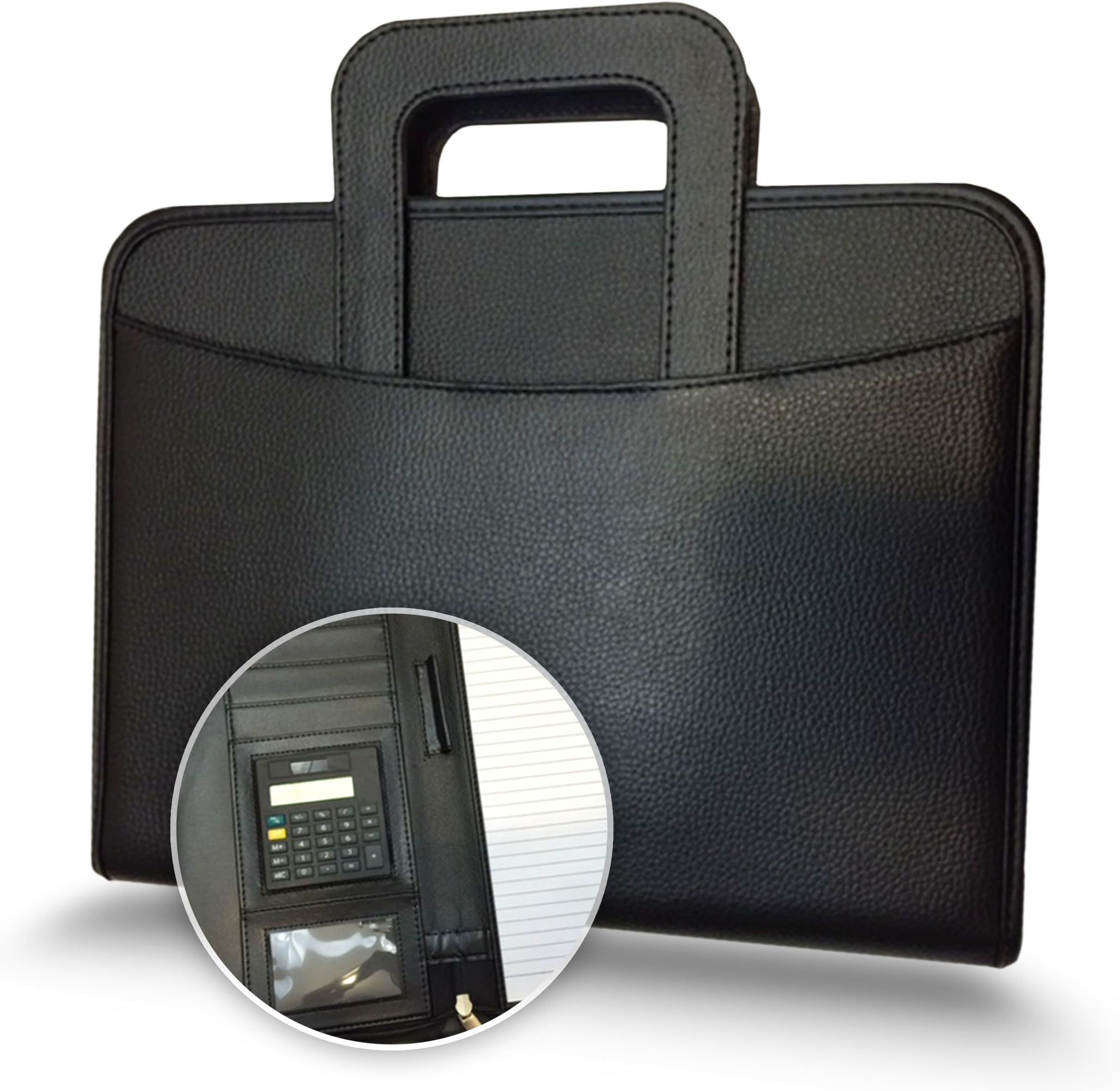 Executive Deluxe Portfolio - Professional Padfolio Holder with Zippered Closure, Business Pad Holders, iPad Pocket Case, Letter Size Writing Pad - PU Leather - Black with Handles