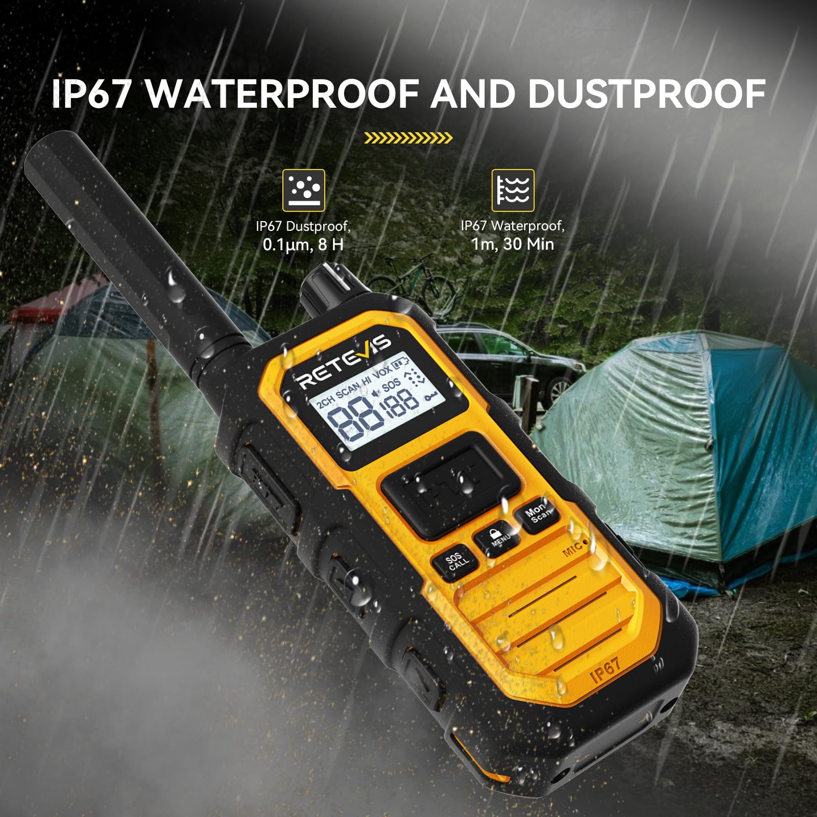 Retevis RB648 Plus Walkie Talkies, IP67 wasserdichte Funkgeräte, Hohe Reichweite, 2000mAh, Vibration, Notfallalarm, Professionelles Robustes Aktualisiertes Walkie-Talkie für Camping (2 Stück, Gelb) 3