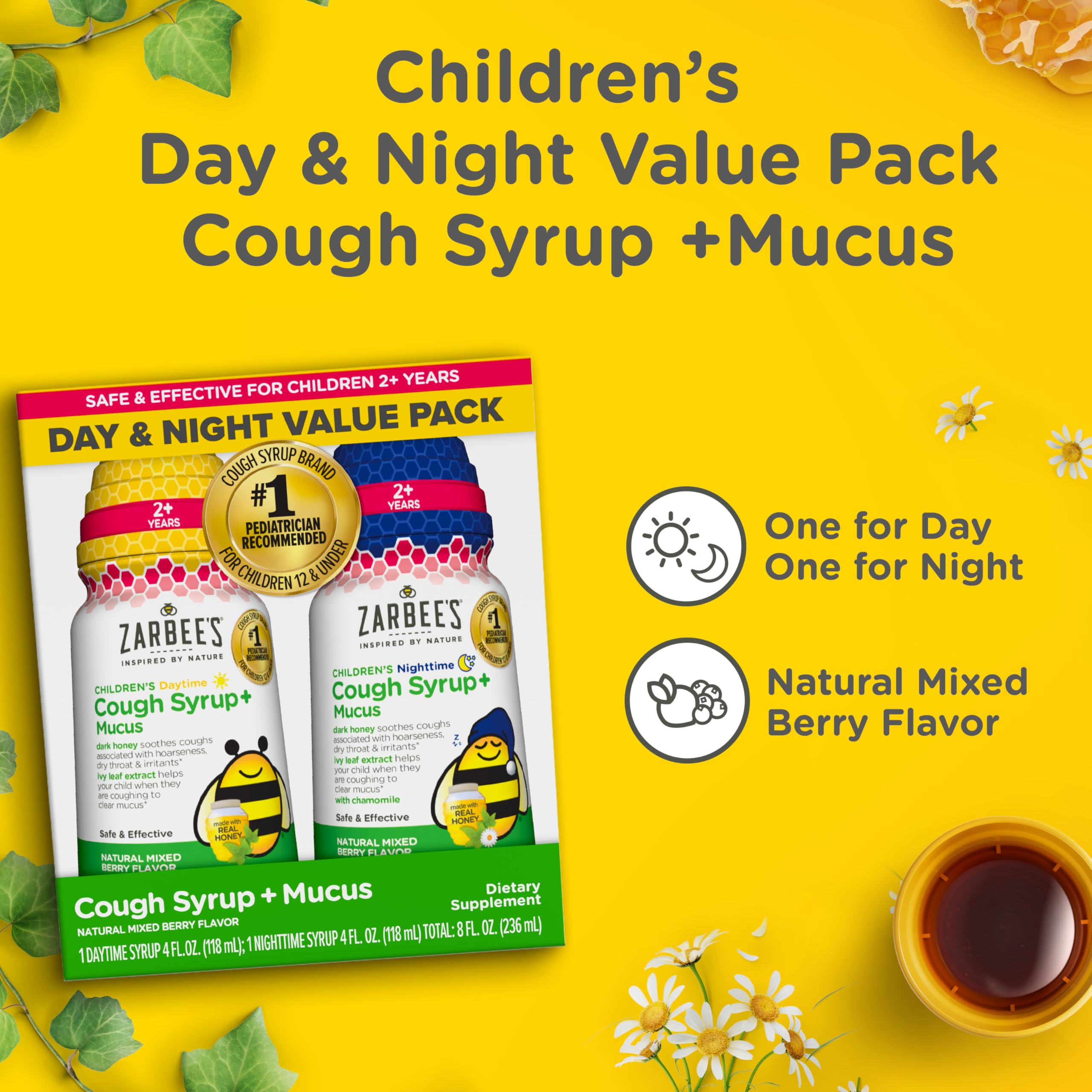 Zarbee's Children’s Honey Cough Syrup + Mucus Day & Night Value Pack, Daytime & Nighttime Toddler Cough Syrup, Dark Honey, Ivy Leaf Extract, Chamomile, Mixed Berry Flavor, 2X 4 Fl Oz