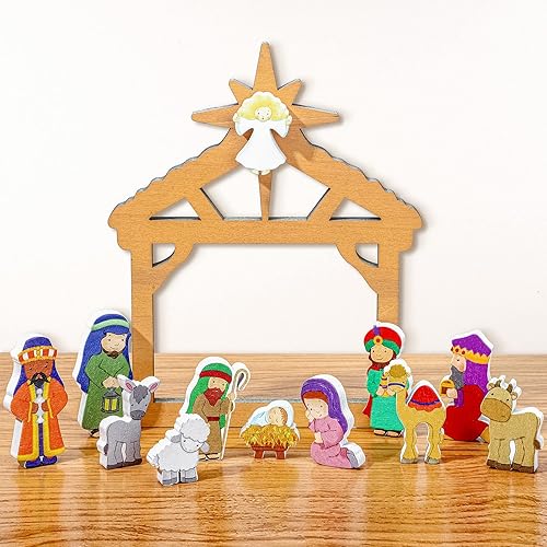 Queekay 13 Pcs Christmas Nativity Scene Wooden Set for Kids Mini