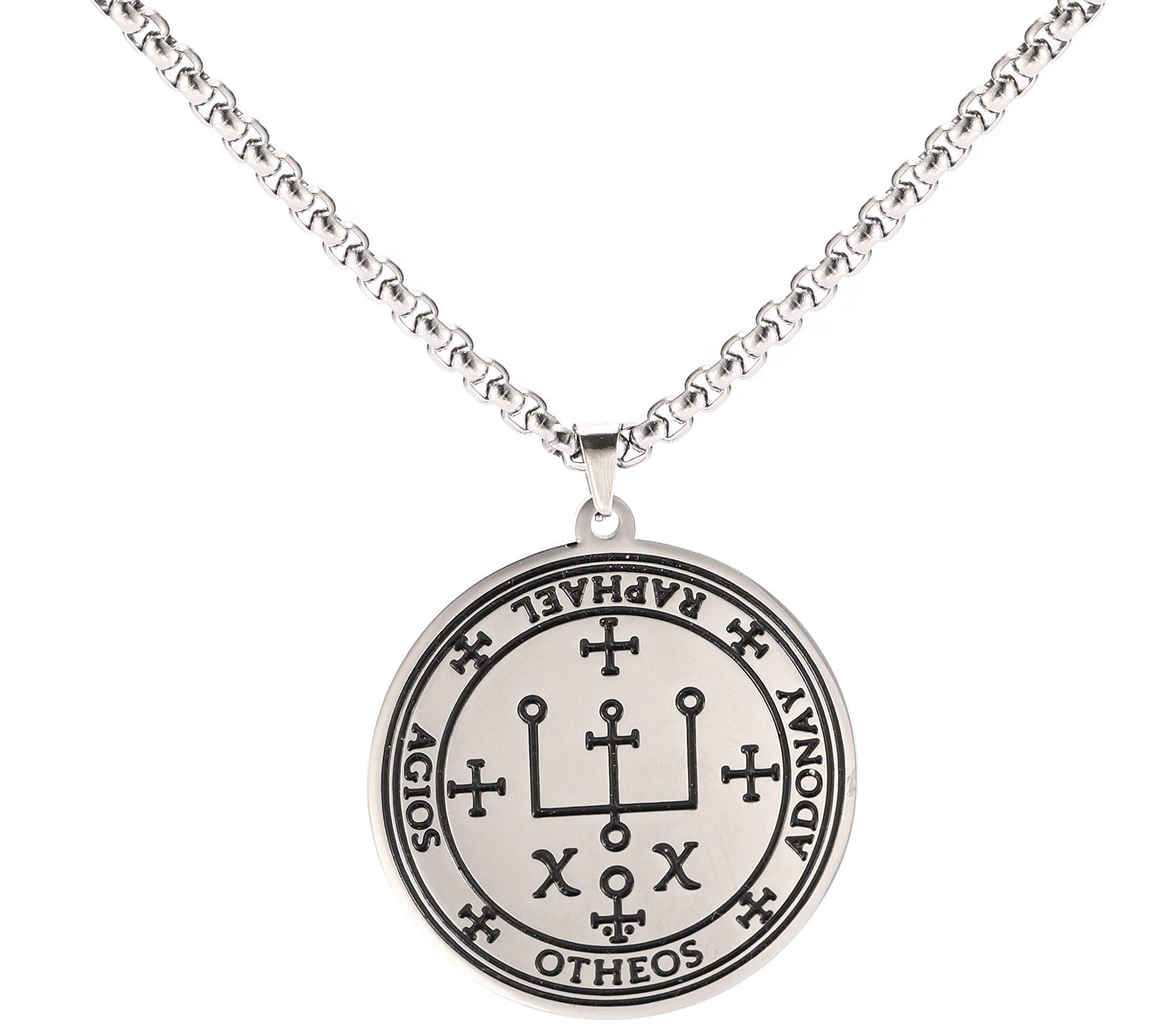 VASSAGO Stainless Steel Talisman of Archangel Raphael Sigil Necklace Angel Magic Round Charm Engraving Amulet Wide Chain for Men and Women