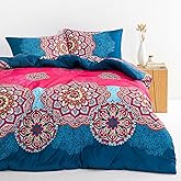 Wake In Cloud - Bohemian Comforter Set, Boho Chic Ornate Floral Elements Pattern Printed for Men Women, Soft Lightweight Bedding, 3 Pieces, Fuchsia Blue, King Size