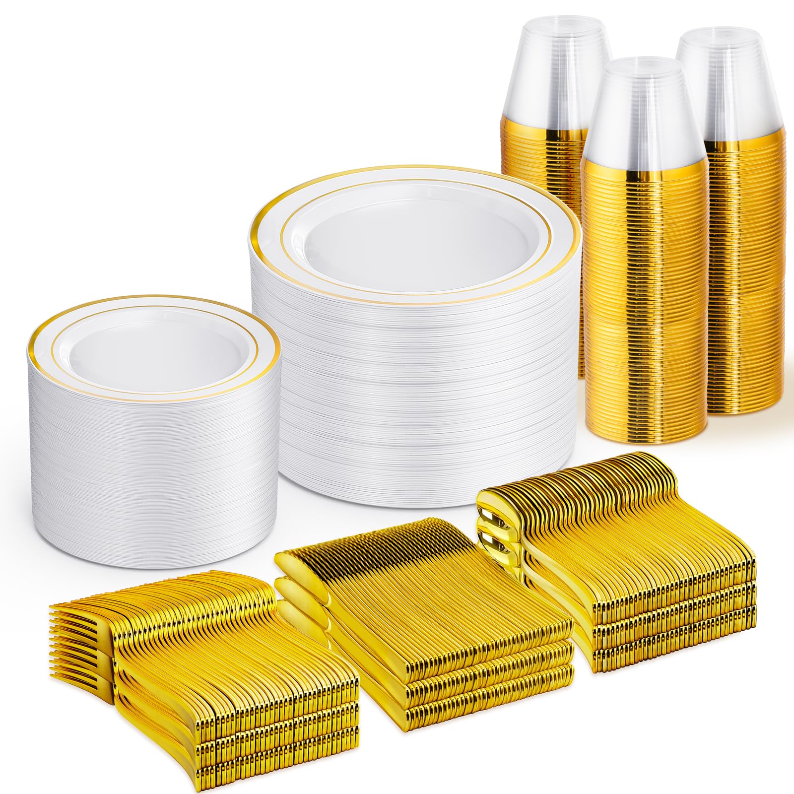 Photo 1 of WELLIFE 600 PCS Gold Disposable Dinnerware Set for 100 Guests, Gold and White Plastic Plates for Party, 100 Each-Dinner & Salad Plates, Cups, Forks Knives Spoons for Wedding and Party