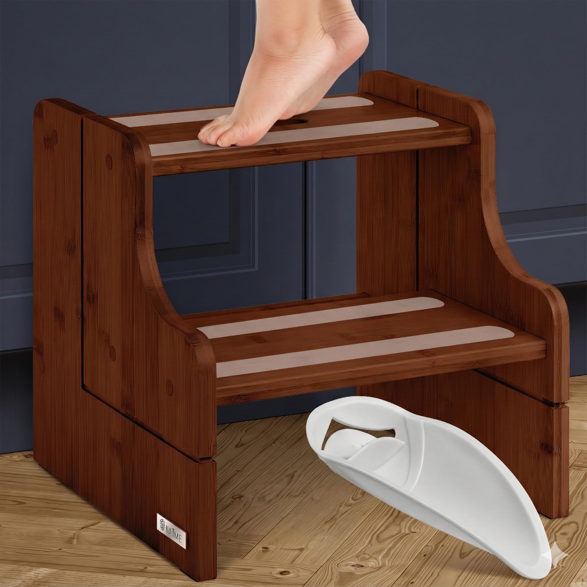 Photo 1 of NIFTAKE Small Step Stool, 200lb Capacity - Sturdy, Safe and Durable, Toddler Step Stool for Toddlers, Bamboo Toddler Stool, Potty Training, Kitchen Wooden Stepping Stool - w/Faucet Extender (Brown)