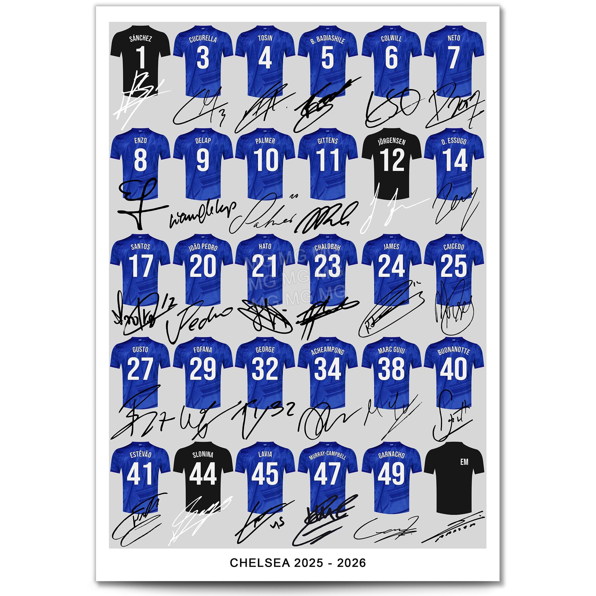 Mounted Gifts Trading Chelsea Team Squad 2025-2026 Signed Poster Print Framed Picture Photo Autograph Gift 25/26 Enzo Cole Palmer Pedro Caicedo Garnacho