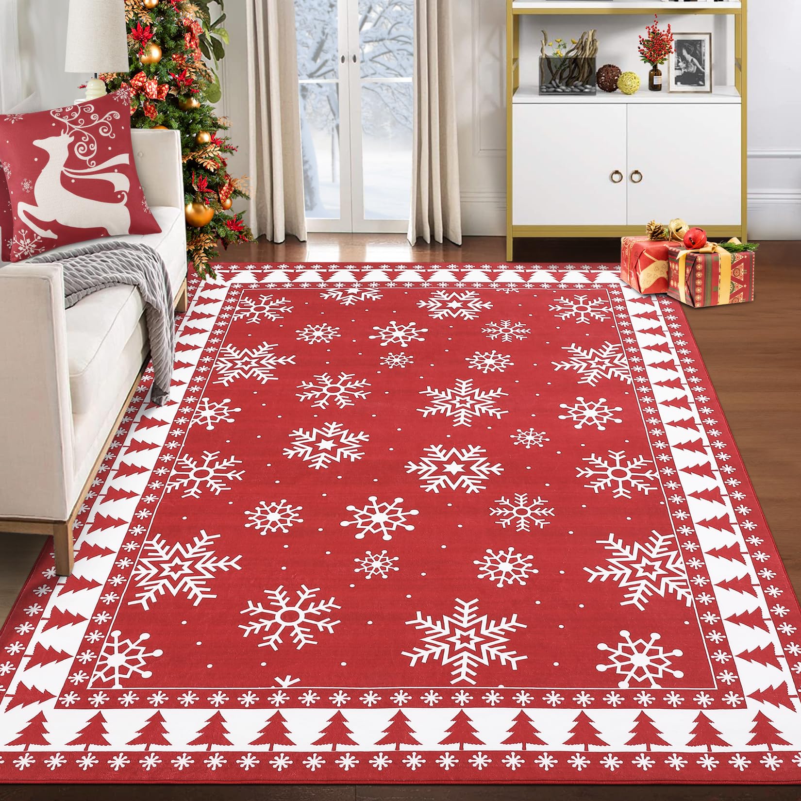 Photo 1 of CAROMIO 8x10 Christmas Area Rug Bordered Machine Washable Rug Carpet Holiday Decorative Xmas Tree and Snowflake Accent Rug Non Slip Stain Resistant Floor Cover for Living Room Bedroom Decor