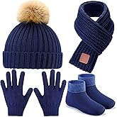 4 Pieces Kids Beanie Hat Scarf Gloves Socks Set Knit Winter Warm Set for Toddler Boys Girls