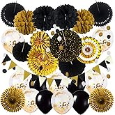 ZERODECO Black and Gold Party Decorations, Confetti Balloons Decorative Folding Fans Paper Pompoms Triangle Bunting Flags Garlands for Graduation Wedding Birthday Photo Backdrop Party Decorations