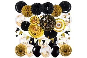 ZERODECO Black and Gold Party Decorations, Confetti Balloons Decorative Folding Fans Paper Pompoms Triangle Bunting Flags Garlands for Graduation Wedding Birthday Photo Backdrop Party Decorations