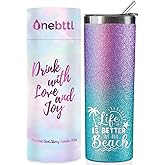 Onebttl Skinny Tumbler with Lid and Straw, 20Oz Glitter Blue & Purple, Beach Themed Gift for Beach Lovers