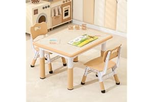 Hulaibit Toddler Table and 2 Chairs, Height-Adjustable Kids Table and Chairs Set, 31.5''L x 23.6''W Children Activity Table for Boys and Girls Aged 3-8