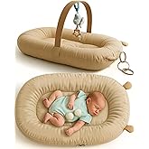 SplashEZ Baby Lounger Pillow for Newborn, Baby Nest & Infant Play Gym, 100% Organic Cotton, Breathable, Lightweight & Portable 3D Mesh Pillow for Awake Time Only (Toys NOT Included), Camel