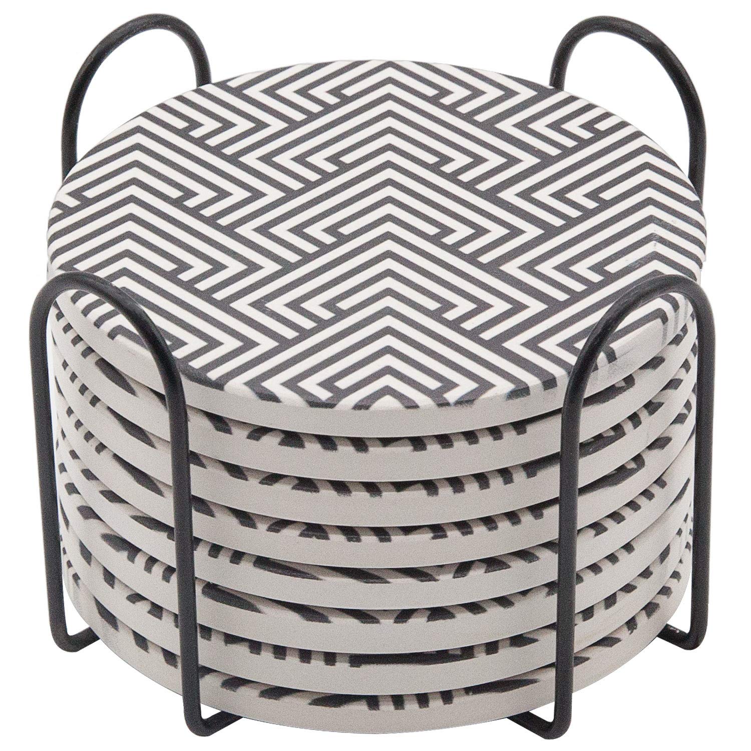 Ceramic Coasters Set of 8, GOH DODD Absorbent Coasters for Drinks Tabletop Protection Home Decor with Metal Holder for Coffee Table Housewarming Gifts Wedding Party, Black and White, Round, 4 Inch