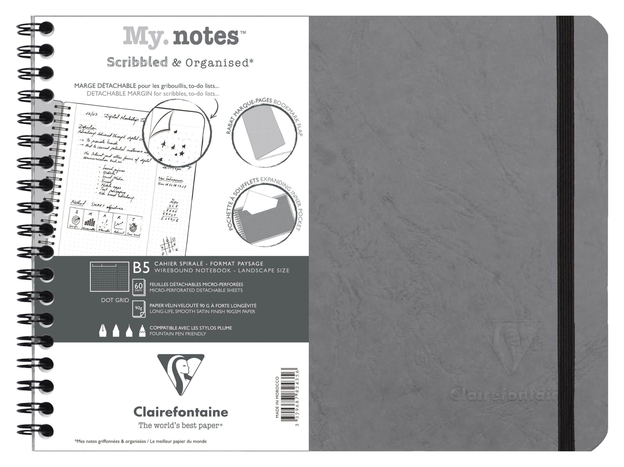 Clairefontaine 782435C Age Bag MyNotes Grey Spiral Notebook w/ Margins - B5 25x19cm - 120 Detachable Pages DOT - 90gsm White Paper - Card Cover Leather Grain