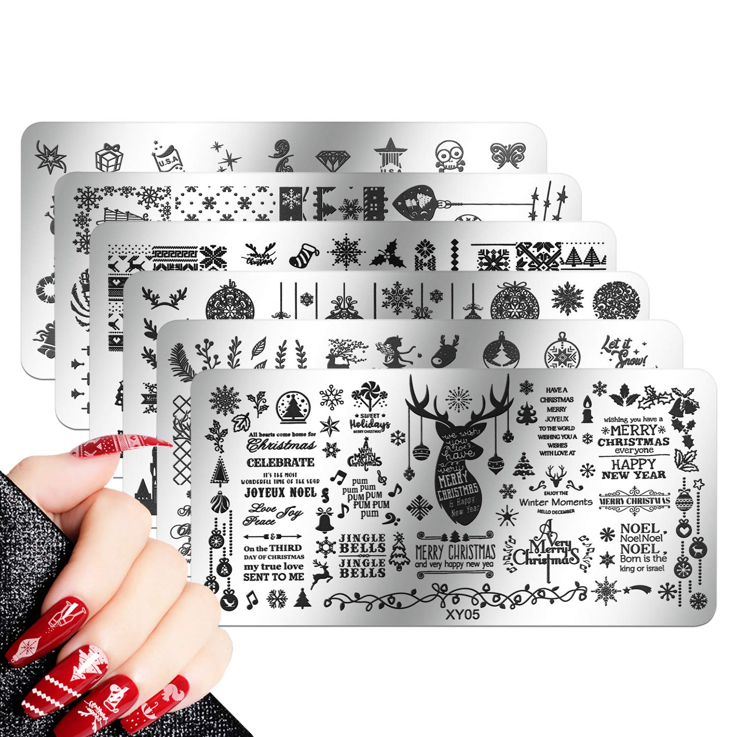 Mwoot Nail Art Stamping Plates Set - 6pcs Christmas Tree Deer Snowflake Image Stamp Plates