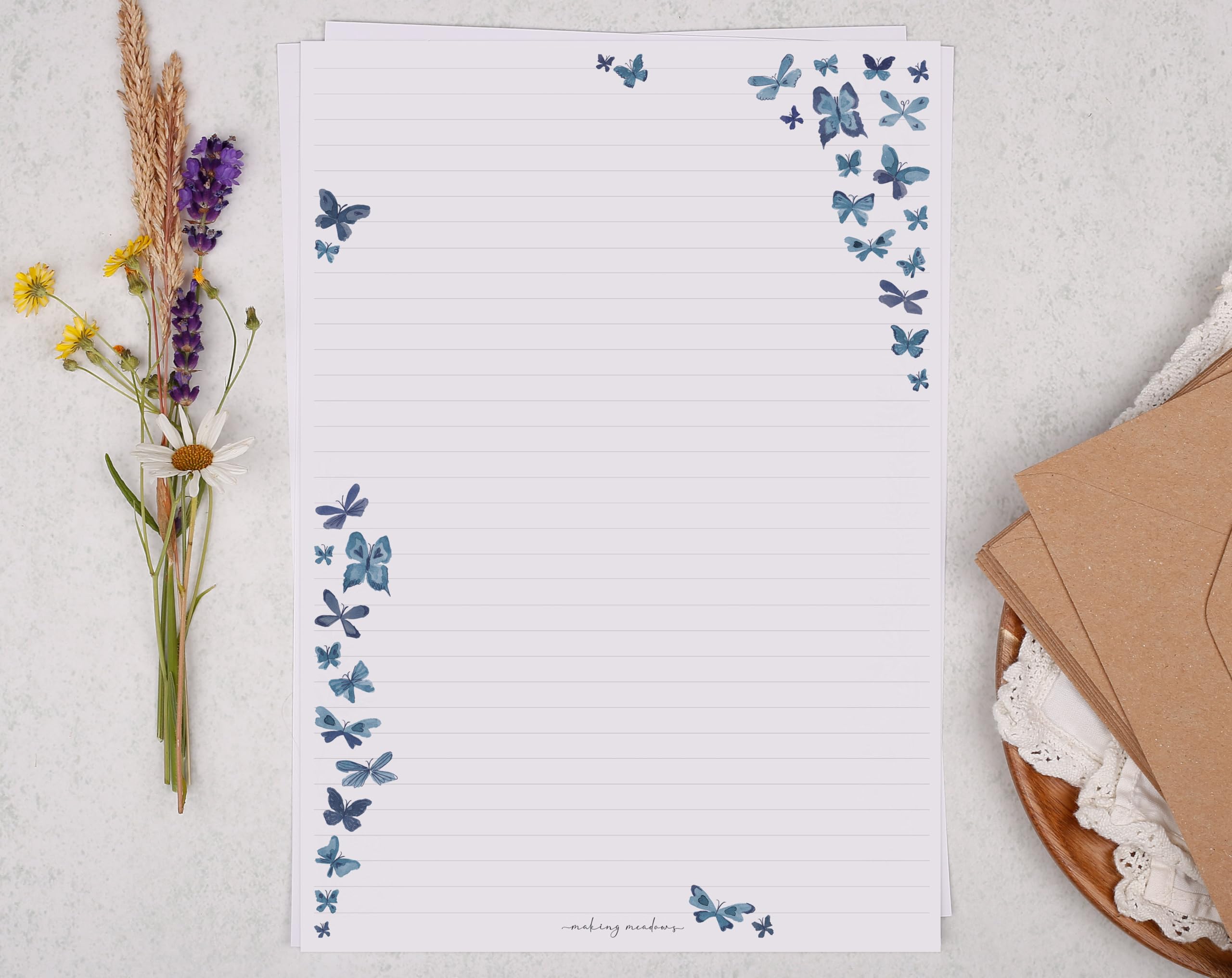 Making Meadows A4 Pretty Writing Paper Set Blue Butterfly Design (20 Sheets & 10 Envelopes), Perfect for Letter Writing, Lined Writing Paper and Envelopes