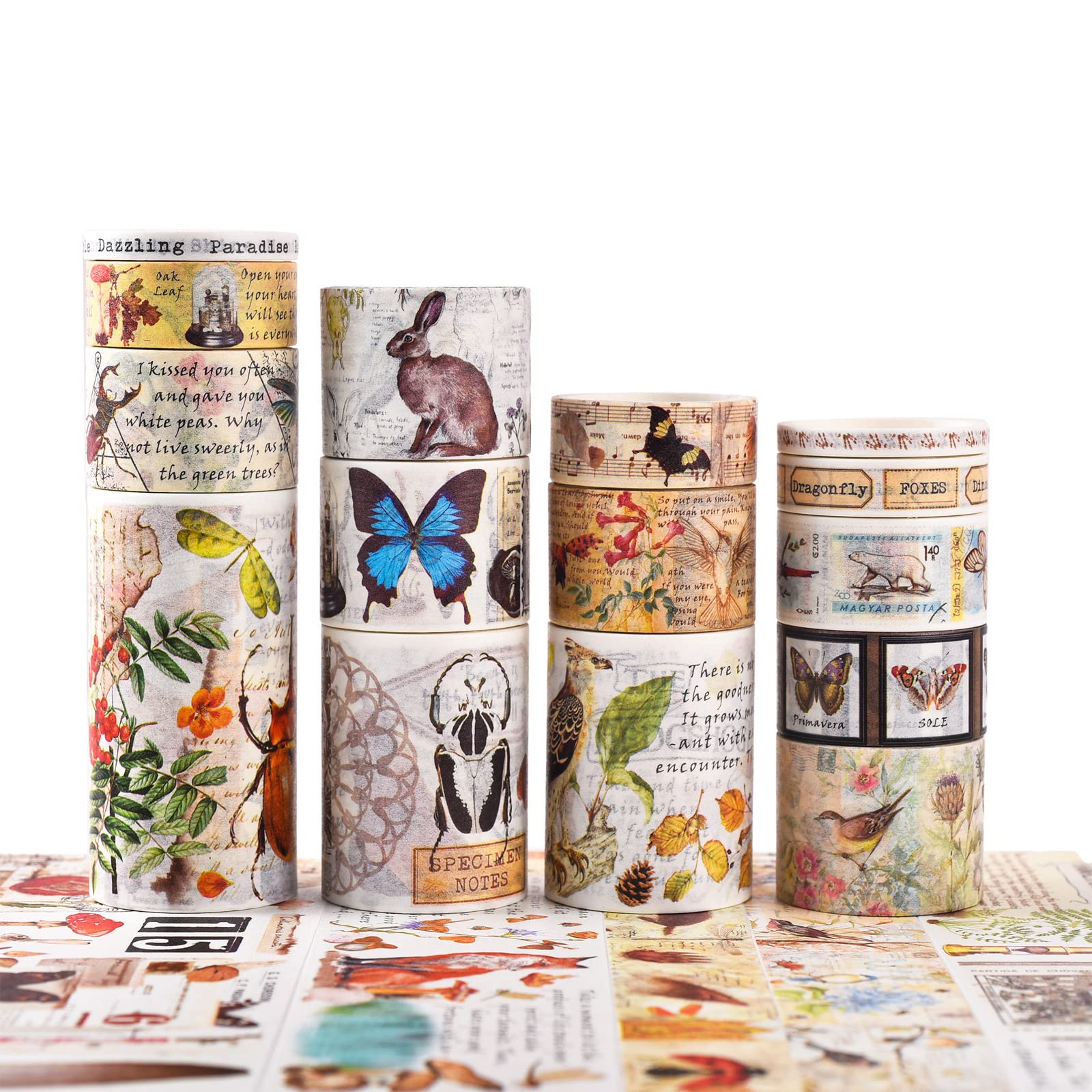 LGEGE 18 Rolls Vintage Washi Tape Set,75/50/30/25/20/15/10/5 mm Wide,Jungle Butterfly Dragonfly Insect Forest Wolf Rabbit Elephant Old Letter,Retro Masking Tape Décor for Scrapbook,DIY Craft (2m)
