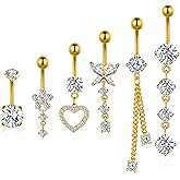 BSJ4U Belly Button Ring Gold Plated Silver CZ Belly Rings for Women Heart Butterfly Flower Dangle Navel Belly Button Piercing Jewelry
