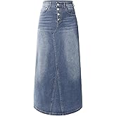 Womens Long Denim Skirt Casual A-Line Stretch Jean Skirt for Women High Waisted Vintage Denim Maxi Skirt with Pockets Blue
