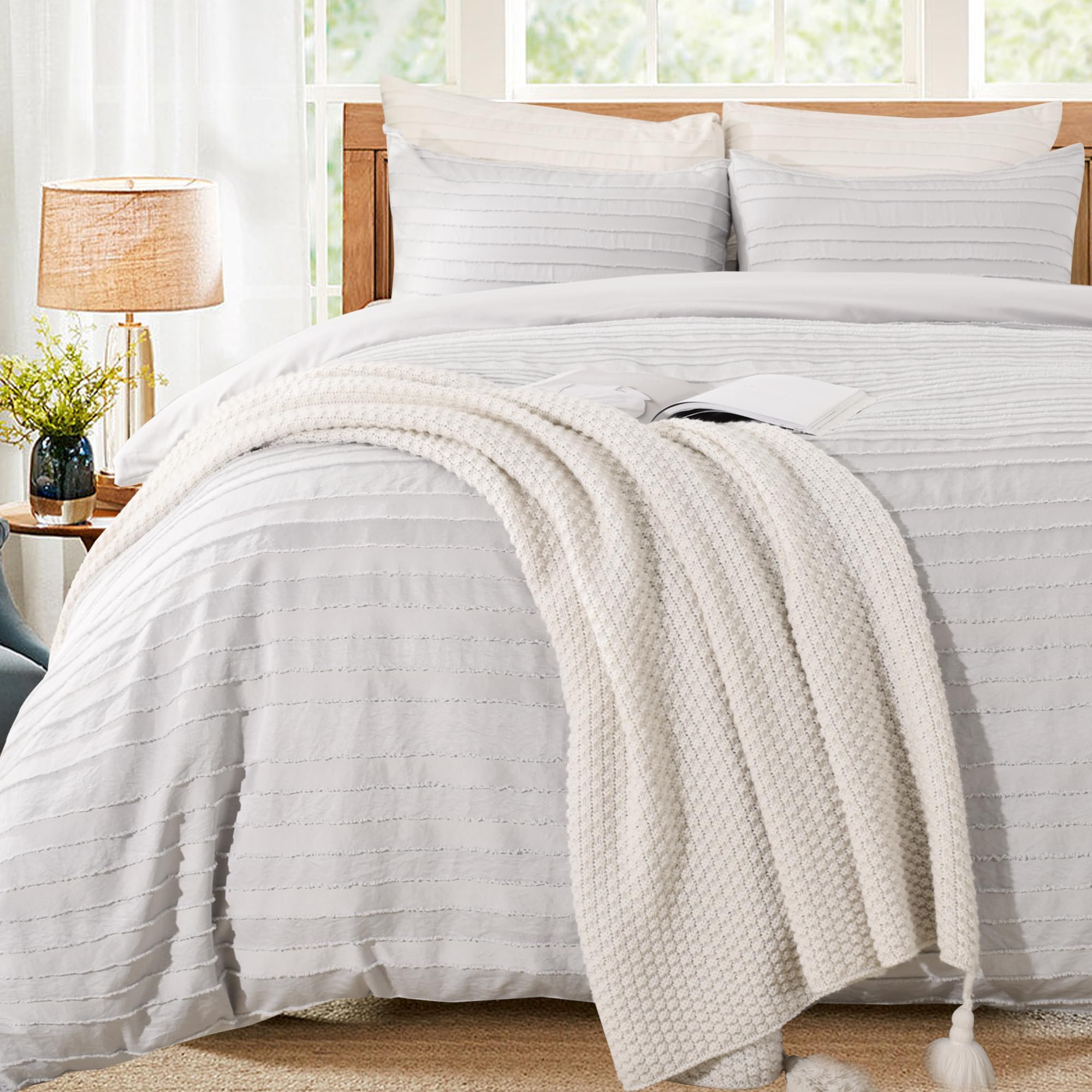 Photo 1 of NEXHOME PRO Duvet Cover King Size, Light Grey 3 Pieces Boho Tufted Duvet Cover Set, Soft and Lightweight Microfiber Comforter Cover Set for All Season (Light Grey King, 104 x 90)-No Comforter
