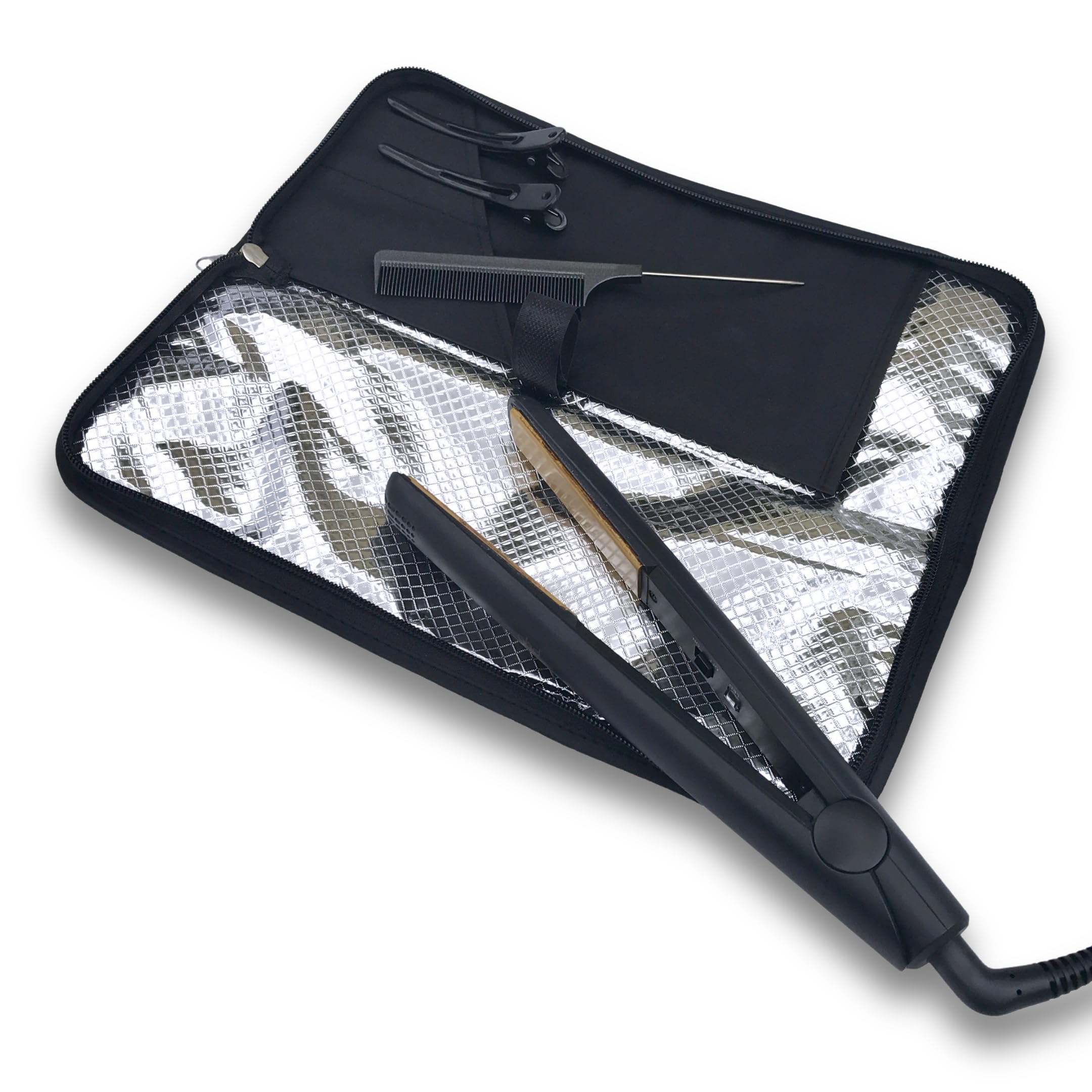 Hair Straightener Mat & Pouch by j&m - Heat Resistant - Fits ghd, BaByliss & Larger Straighteners - Zip-Up All-in-One Compact Travel Case (Original Pouch & Mat)