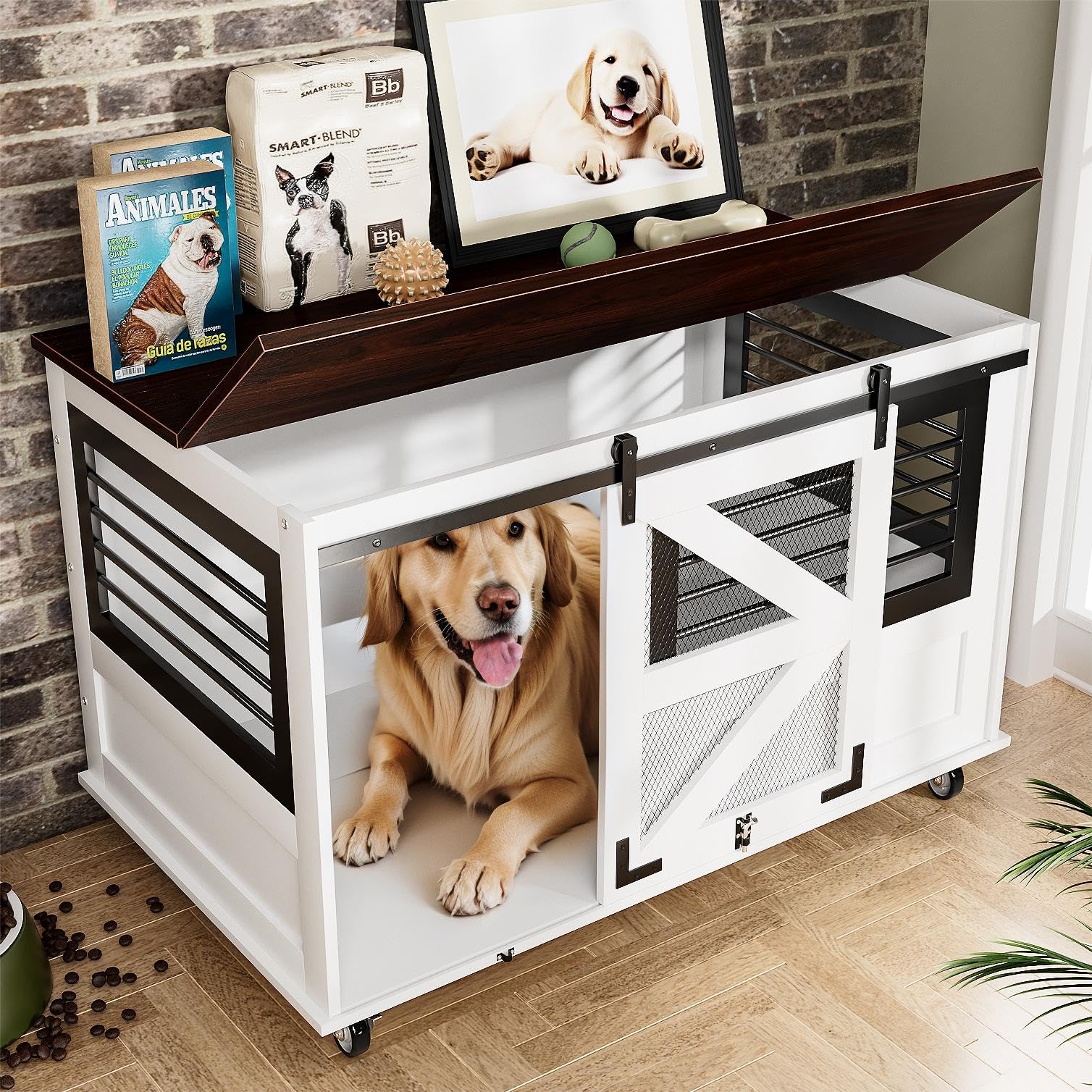 Photo 1 of **MINOR TRANSPORT SCRATCHES AND SCRAPES**kepptory 47 inch XL Dog Crate Furniture with Top-Access Teasing/Feeding Doors, Farmhouse Wooden Decorative Dog Crates with Wheels, Chew-Resistant Dog Crates End Table for Medium&Large Dogs, White