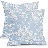 Kawani Vintage Floral Pillow Covers 20x20 Inch Set of 2 Baby Blue Floral Outdoor Decorative Throw Pillows Chinoiserie Flower Pillowcases Rustic Farmhouse Cushion Covers for Couch Home Decor