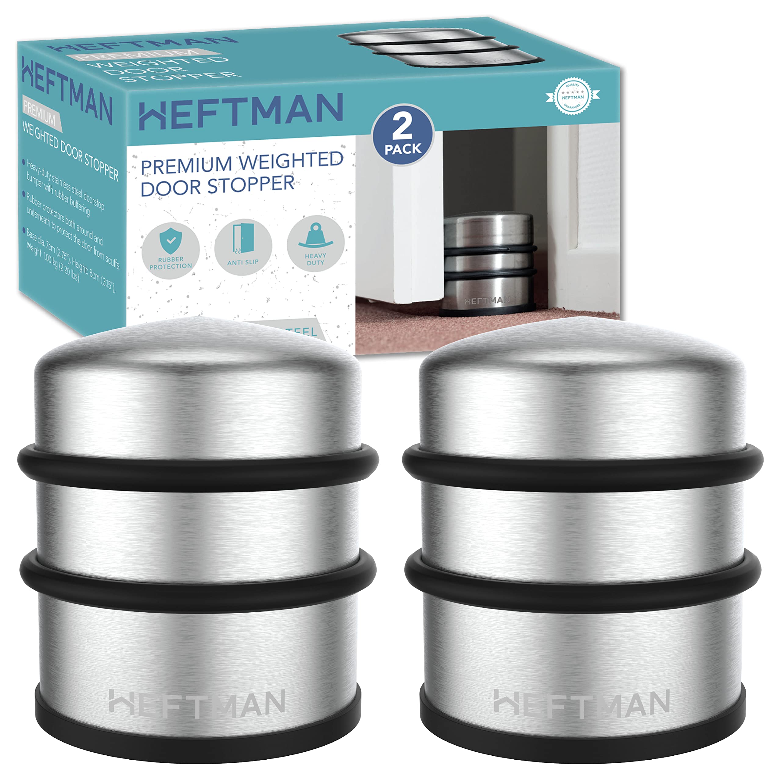 HEFTMAN Chrome Door Stop 2 Pack - 1kg Metal Door Stops, Heavy Duty Stainless Steel - 1kg Weighted Door Stoppers for Floor with Dome Design & Rubber Bumper Protective Buffer Rings - 2 PCS