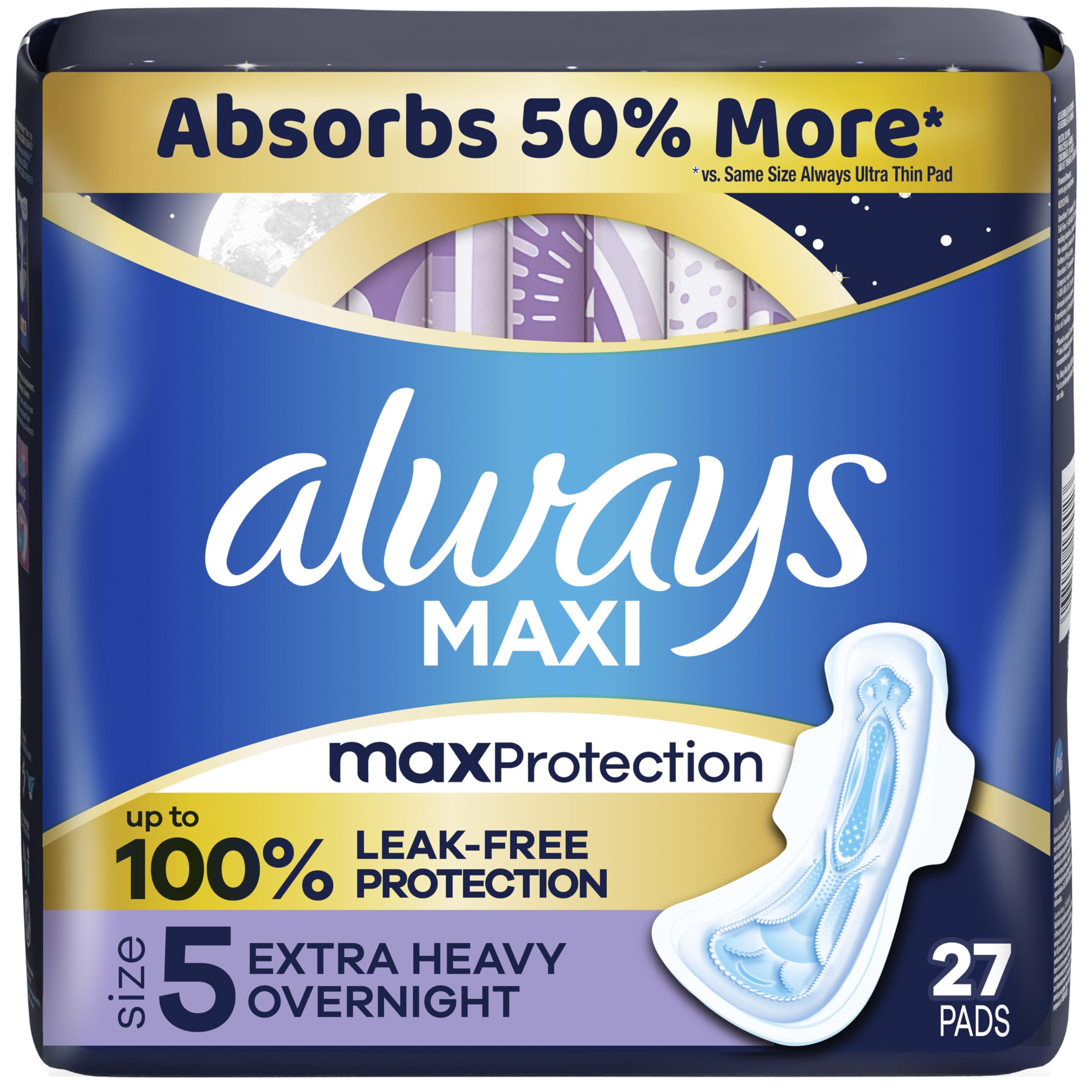 Always Maxi Overnight Extra Heavy Flow with Wings, Unscented Pads 27 Count (Jumbo)